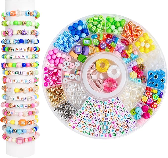 minimissmianyc 594pcs bead bracelet making kit for kids,colorful pony beads pearl shell flower evil eyes star carft friendship bracelet necklace jewelry making supplies kit gifts for boys girls women