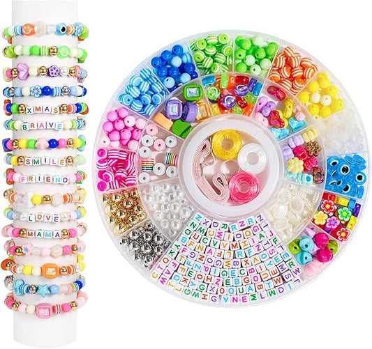 minimissmianyc 594pcs bead bracelet making kit for kids,colorful pony beads pearl shell flower evil eyes star carft friendship bracelet necklace jewelry making supplies kit gifts for boys girls women