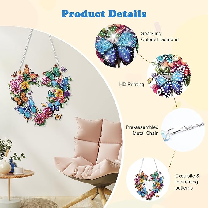 HEIBAGO Diamond Art Hanging Kits for Adults Kids, Hanging Diamond Art Butterfly, 5D Special Shaped Crystal Diamond Painting Kit Flower, DIY Pattern Window Pendant for Home Wall Decor 8.3x8.3Inch