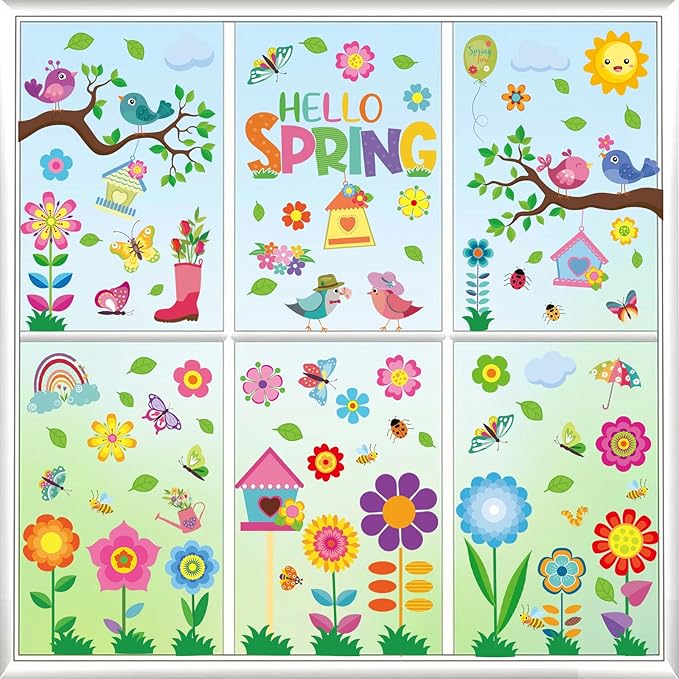 9 sheets spring window clings for glass windows, hello spring stickers decals decor for kids, summer decorations for classroom, home, office