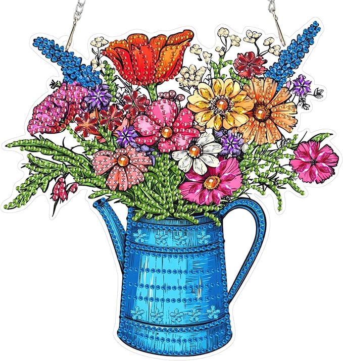 RICUVED Flowers Hanging Diamond Art Kit for Adults, Kettle Special Shaped Crystal Gem Craft Diamond Painting Pendant Kit for Beginners, DIY Hanging Acrylic Art Ornament for Home Garden Wall Decor