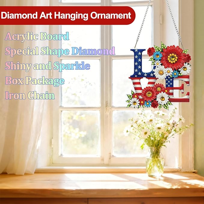 CEOVR Independence Day Hanging Diamond Art, American Flag Diamond Painting Pendant for Adults DIY Gem Art Wall Ornament, Acrylic Home Garden Decor with Chain, Box Kit 7.36×7.87inch