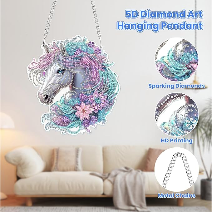 MOGTAA Horse Diamond Art Hanging Pendant Kits, 5D Special Shape Diamond Art Kits for Adults, Crystal Rhinestones Flowers Diamond Painting Gem Art for Home Wall Garden Window Decor