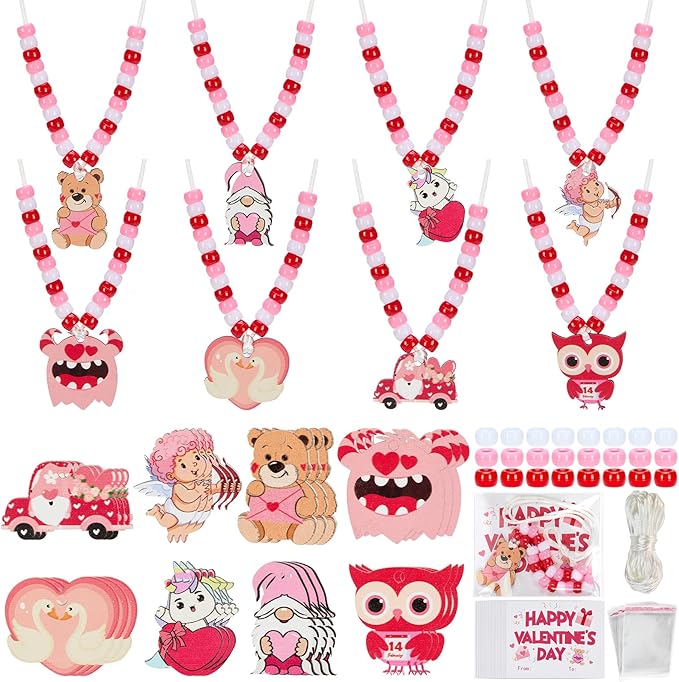 Bafeil 24-Set Valentine's Day Beads Necklaces Bulk Crafts Kit - Red Pink Pony Beads with Cute Wooden Charms, DIY Beaded Necklaces Heart for Party Favors Classroom Goodie Bags Stuffers Gifts