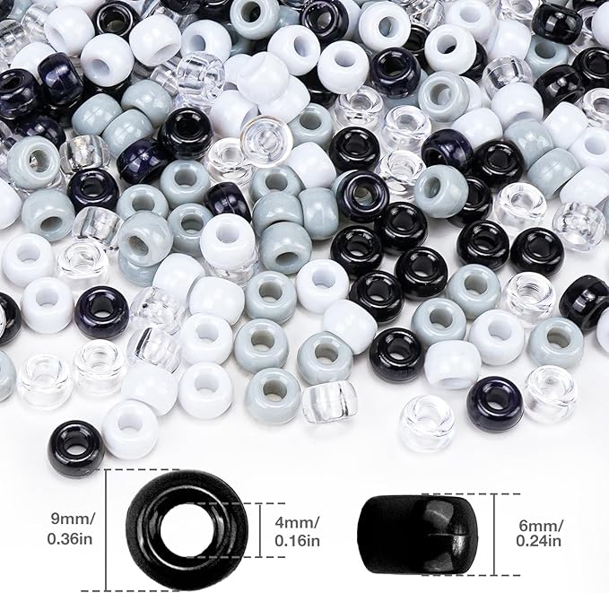 1000PCS 6x9mm Pony Beads Bulk – Black, Gray, White Kandi Beads for Bracelets, Hair Braids, Jewelry Making, Crafts – Large Hole Plastic Bead for DIY Kits