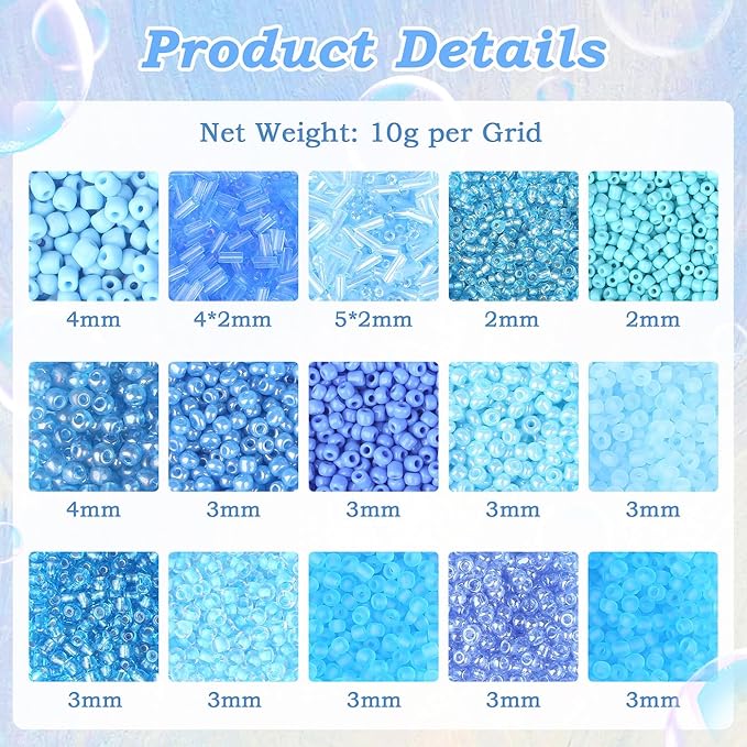 DUQGUHO Blue Beads for Jewelry Making 4mm Blue Glass Seed Beads Kit 15 Color 3mm 2mm Small Plastic Tube Bead for Bracelets Craft DIY