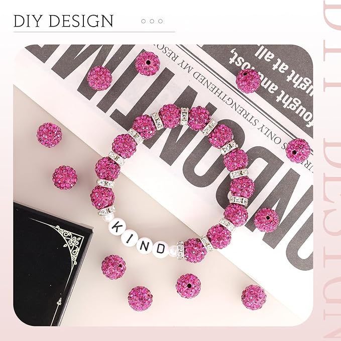 200 pcs fuchsia rhinestone beads for jewelry making, sparkle crystal clay christmas for bracelet baseball necklace earring crafting and diy, shiny round shamballa disco ball beads bulk