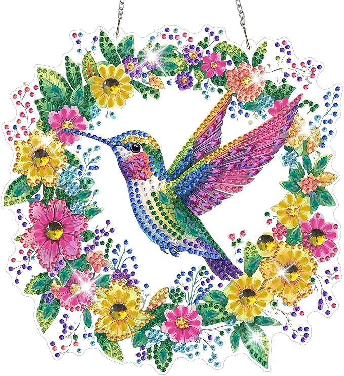 NAIMOER Diamond Art Hanging Kits for Adults Hummingbird Flower 5D Special Shaped Rhinestone, DIY Acrylic Diamond Art Painting Window Pendants Home Garden Wall Hanging Ornament Kits, Double Sided