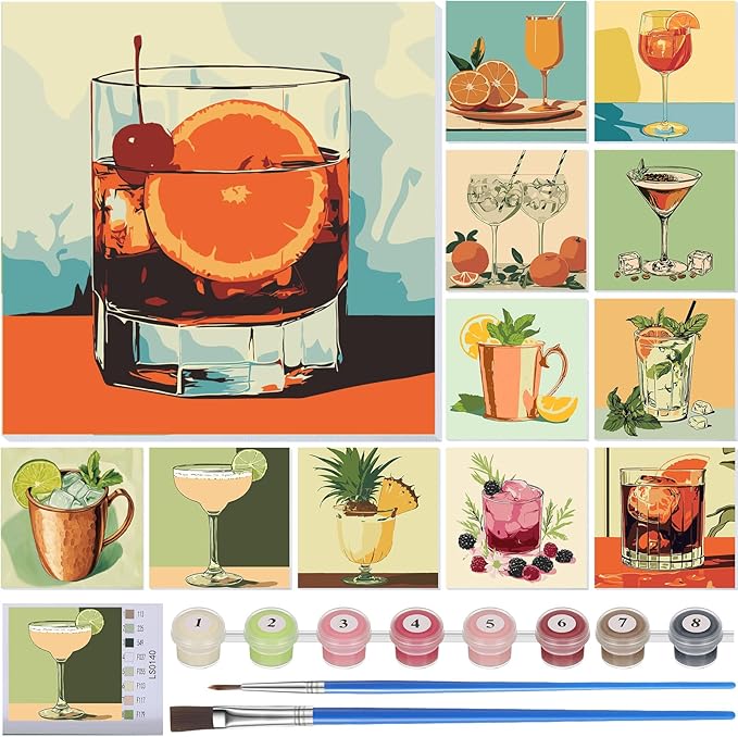 Nezyo 12 Sets Paint by Numbers Kit with Frame for Adult Beginners, Paint by Number DIY Acrylic Painting Canvas for Painting Party, Classroom Activity Birthday Gift, 8 x 8 Inch