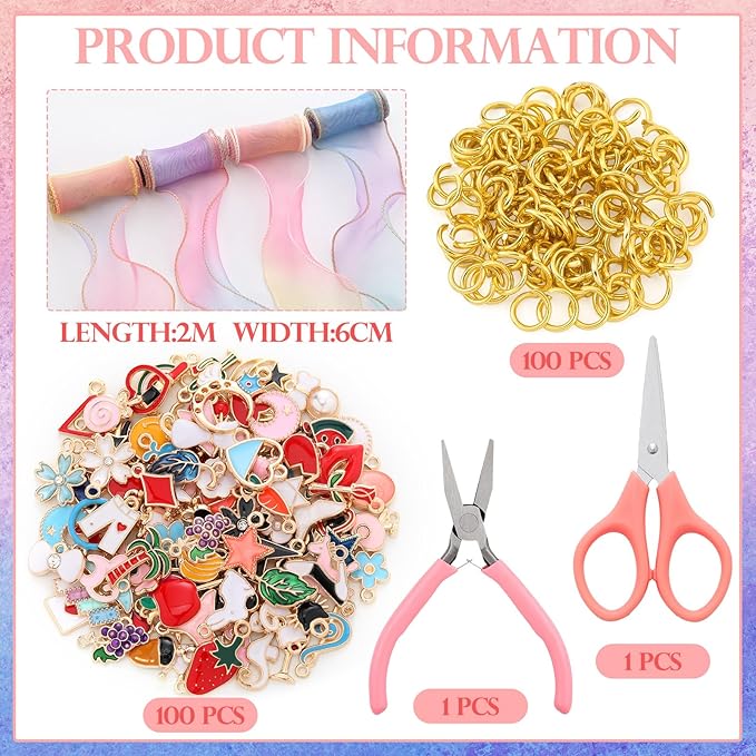 Tondiamo 206 Pcs Jewelry Making Kit DIY Gradient Organza Ribbon Cord Charm Bracelet Making Kit with 100 Charms,100 Jump Rings,4 Voile Ribbons and Tools for Women Arts Craft Birthday Mothers Day Gift