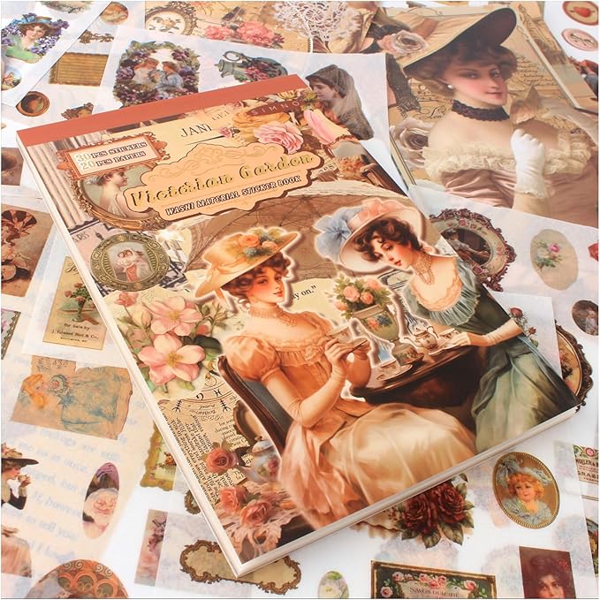 50 Sheets Victorian Journaling Stickers and Collage Paper, Ephemera Book for Junk Journals Supplies, Scrapbooking, 30 Sheets Pre-Cut Washi Stickers, 20 Decorative Background Papers