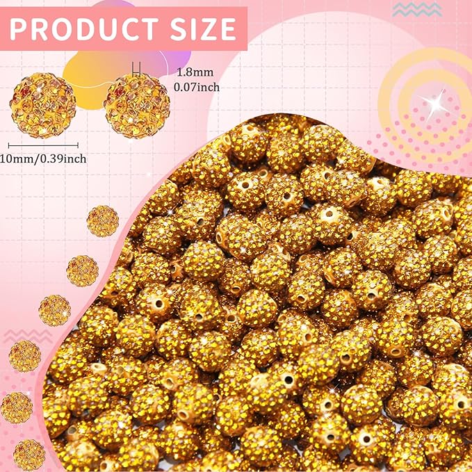150 Pcs 10mm Rhinestone Beads for Jewelry Making, Orange Yellow Shiny Round Shamballa Disco Baseball Necklace Beads Sparkle Crystal Clay Pave Rhinestones Bead for DIY Bracelet Earring Making Supplies