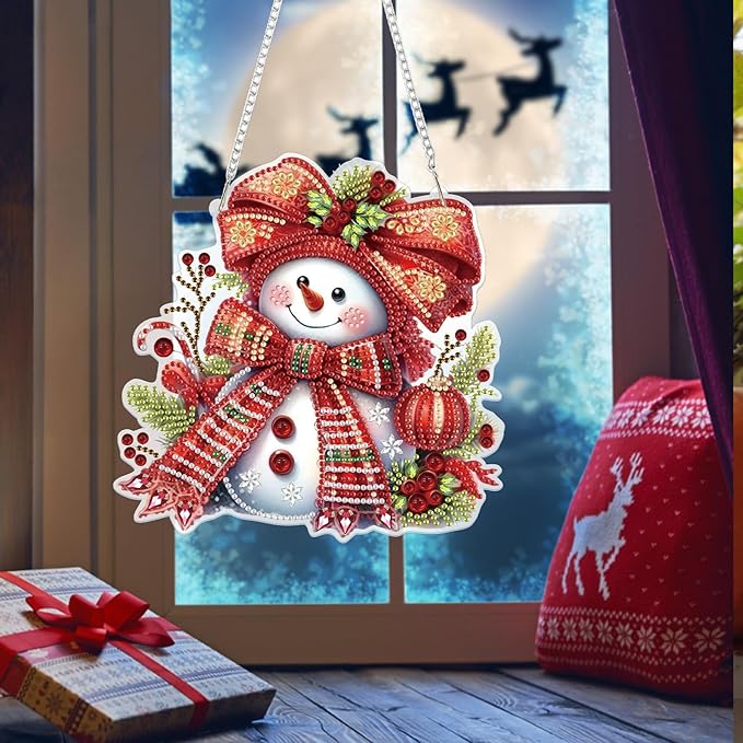 Bowetile Christmas Diamond Art Hanging Kits for Adults, Diamond Art Suncatchers Snowman, 5D Special Shape Diamond Painting Pendant Window Ornament Christmas Gifts for Home Door Wall Decor