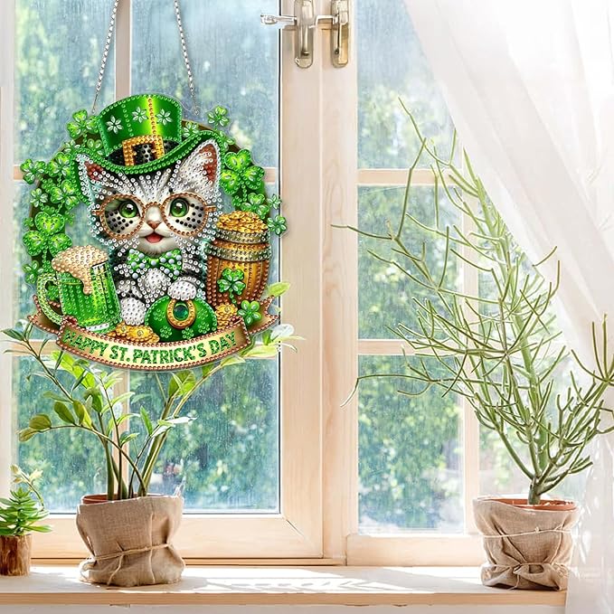 CEOVR St. Patrick's Day Diamond Painting Pendant, Cat Hanging Diamond Art for Adults, DIY Gem Art Wall Hanging Ornament, Acrylic Home Garden Decor with Chain, Box Kit 7.55×7.87inch