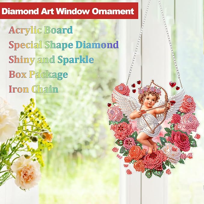CEOVR Valentine's Day Hanging Diamond Art for Adults, Cupid Special Shape Diamond Painting, DIY Gem Art Wall Hanging Ornament, Acrylic Home Garden Decor with Chain, Box Kit 7.43×7.87inch