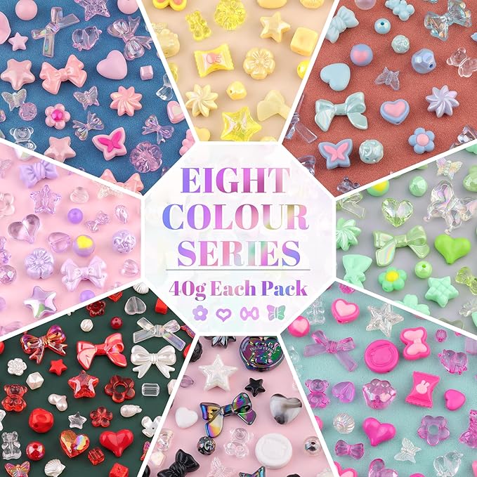 500-550pcs tinkrstuff assorted 8 colors mixed acrylic beads for bracelet making, cute beads for jewelry making flower bow butterfly gummybear aesthetic bracelet beads,diy necklace keychain phone charm