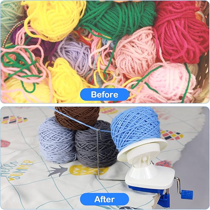 LAMXD Needlecraft Yarn Ball Winder Hand Operated,Capacity 4-Ounce,Blue,Portable Package,Easy to Set Up and Use,Sturdy with Metal Handle and Tabletop Clamp,Including 8 Sizes Crochet Hooks Set