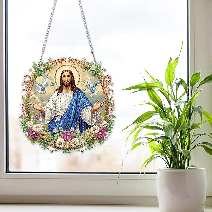 NAIMOER Diamond Art Hanging Kits for Adults Jesus 5D Special Shaped Rhinestone, DIY Acrylic Diamond Art Painting Window Pendants Home Garden Wall Hanging Ornament Kits, Double Sided