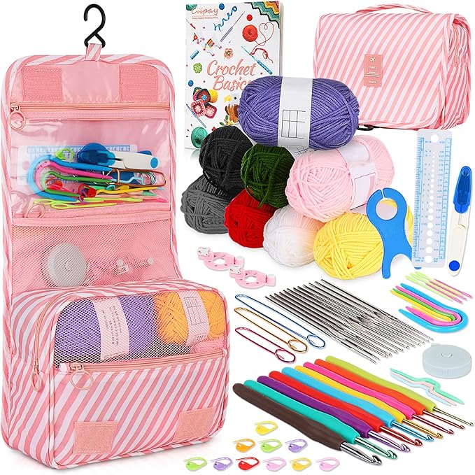 coopay 63 pcs crochet kit for beginners, upgraded crochet set with hanging case & yarn for crocheting, premium crocheting hook set with book, crochet hooks, yarn, knitting & crocheting supplies