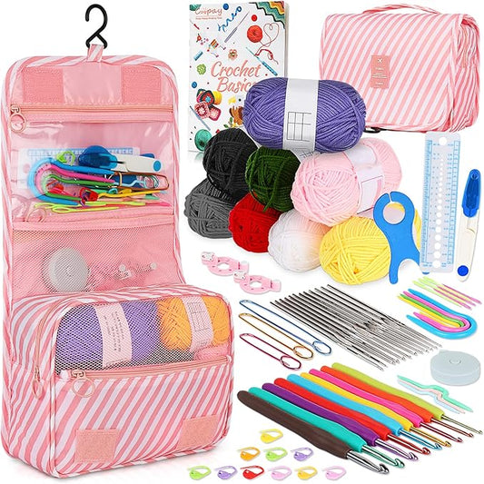 coopay 63 pcs crochet kit for beginners, upgraded crochet set with hanging case & yarn for crocheting, premium crocheting hook set with book, crochet hooks, yarn, knitting & crocheting supplies