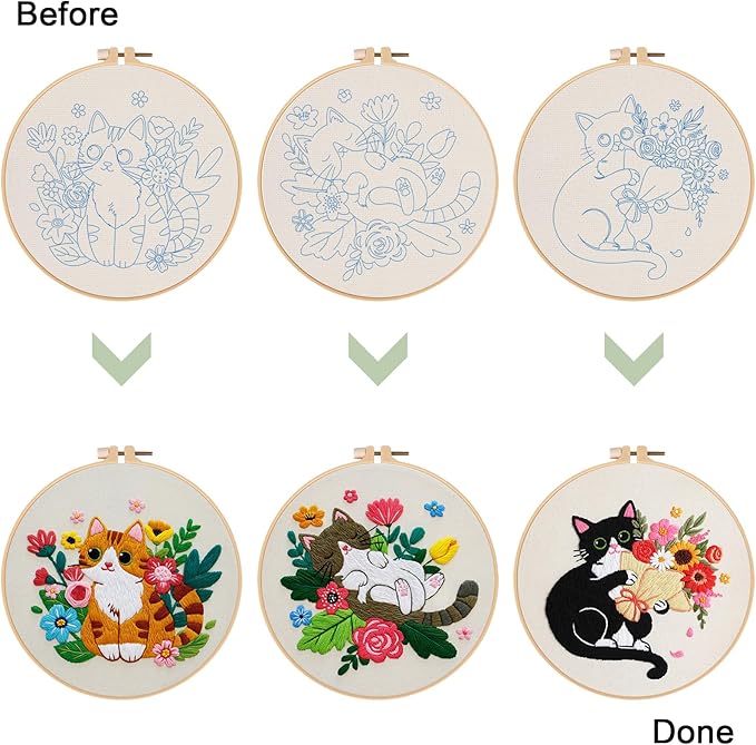 Nuberlic Cat Embroidery Kit for Adults Beginners - 3 Pre-Printed Animal Patterns, Adults Starter Cross Stitch Kit DIY Needlepoint