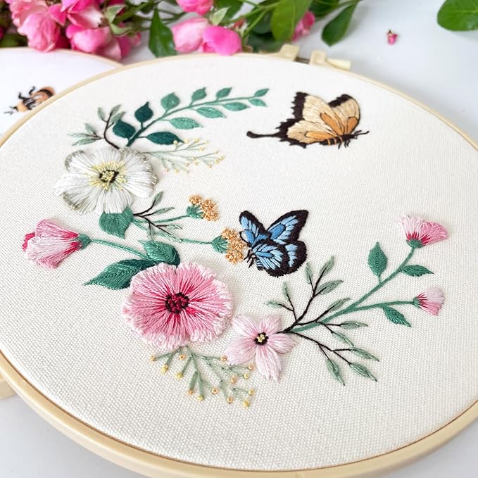 Myfelicity Eembroidery kit for Beginners Adults, 3-Piece Bee and Butterfly Floral Designs,Including Tools Handmade Embroidery Hoop Art Set (red)