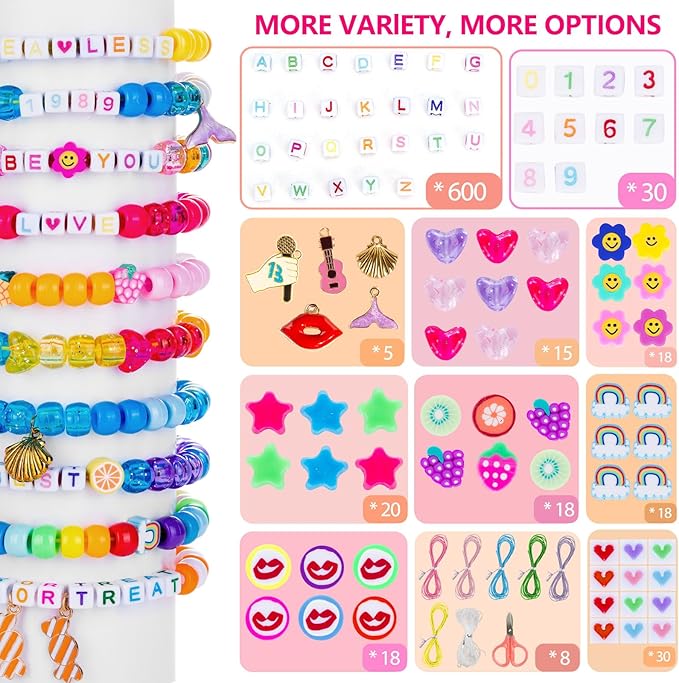 Goldwise Friendship Bracelet Making Kit - 56 Colors Pony Beads, 800 Letter Beads (A-Z) & Variety Charms for Jewelry Making, Rainbow Kandi Beads for DIY Crafts Gifts Party Favors
