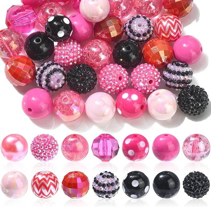 Ipotkitt 50 Pcs 19~20mm Acrylic Beads Sets Colorful Resin Bubblegum Round Spacer Beads Large Chunky Plastic Beads for Valentine's Day DIY Jewelry Decor