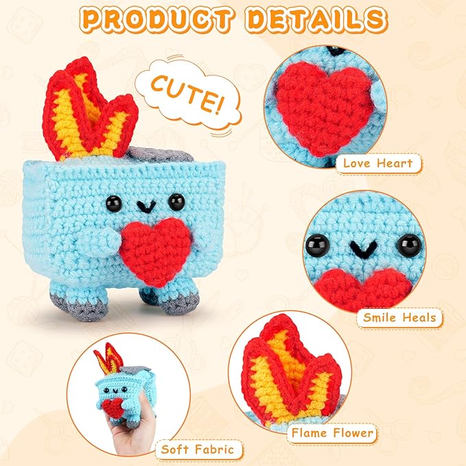 crochet kit for beginners, 4pcs dumpster fire crochet starter kit with step-by-step video tutorials, emotional positive support beginner crochet kits for adults women, funny crochet gifts valentine