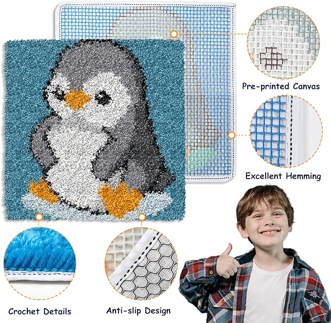 YP Latch Hook Kits for Kids Adults DIY Rug Tapestry Kits with Printed Canvas Embroidery Kits Festival Gifts Home Decoration (Penguin,11.8inch X 11.8inch)