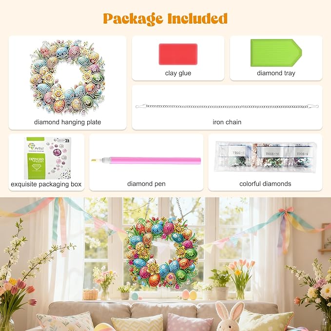 RICUVED Easter Diamond Art Hanging Kit for Adult, Eggs Special Shaped Diamond Painting Pendant Board Kit, 5D Art Suncatchers Double Sided Hanging Acrylic Window Ornament for Home Garden Decor