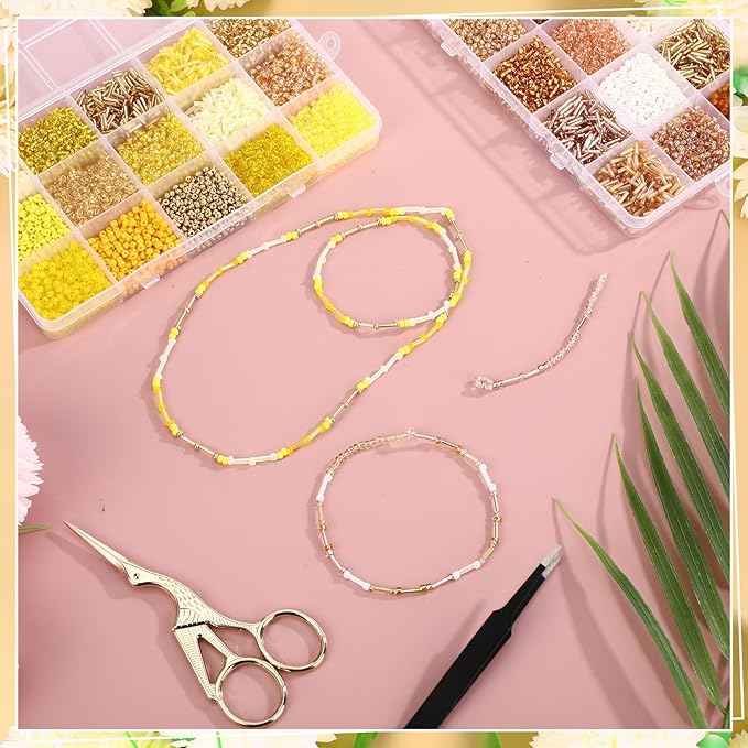 Misdary 30 Colors Glass Seed and Tube Bugle Beads Kit 2 Organizer Boxes Loose Beads for Jewelry Making DIY Crafts Bracelets and Necklaces(Yellow and Champagne)