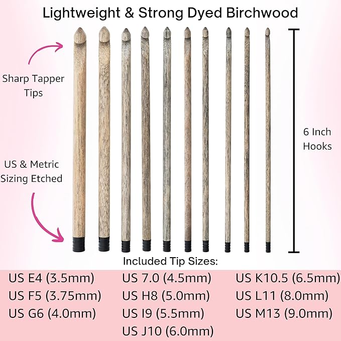 Lykke Driftwood 6 in. Set Sizes 3.5, 3.75, 4.0, 4.5, 5.0, 5.5, 6.0, 6.5, 8.0, 9mm Crochet Hooks for Sport, Baby, DK, Worsted, Chunky Yarn, Birchwood with Black PU Case, Project Bag