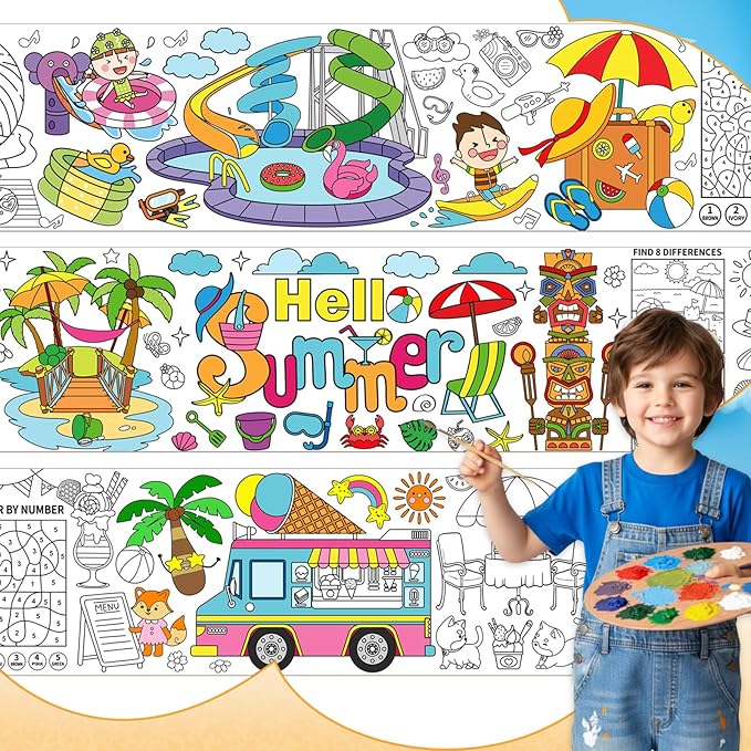 Janlaugh 3 Pack Summer Giant Coloring Posters 9.8ft Large Coloring Sheet Jumbo Motivational Page Tablecloth DIY Drawing Paper Rolls for Adults Summer Party Classroom Craft Team Art Activity