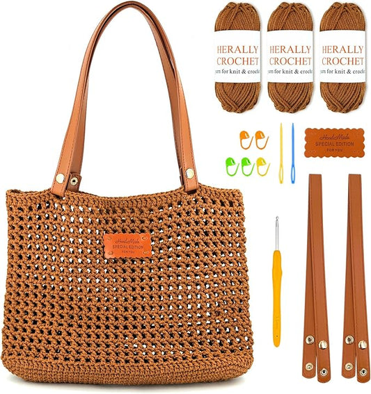 Herally Crochet Kit DIY Bag for Beginners - Include Yarn, Hook and Accessory - with Step by Step Video Tutorials - Crochet Tote Bag (Caramel)