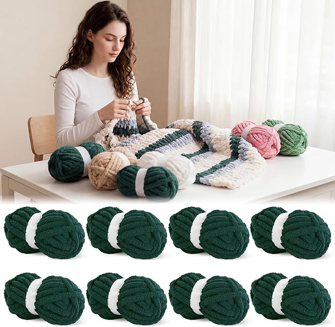 BALAPET 8 Pack Chunky Chenille Yarn for Crocheting & Knitting, 27yds 8 oz Each Skein Soft Fluffy Kitting Yarn Set, Thick Velvet Plush Yarn for Handcrafts Weaving Making Blankets, Blackish Green