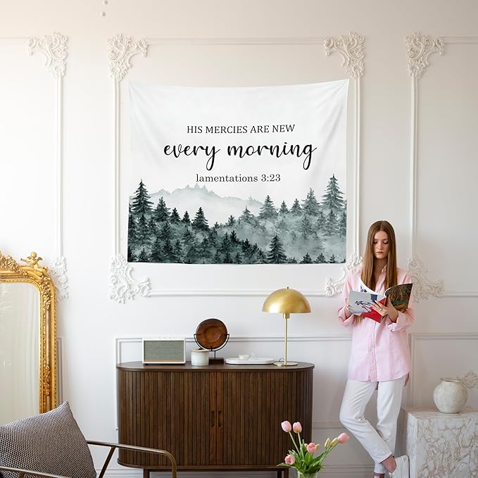 MNASAIOO Christian Mountian Wall Tapestry Hanging for Bedroom, Bible Verse Scripture His Mercies Are New Every Morning Tapestries, Watercolor Wall Decor Banner for Living Prayer Room Church 50x60in