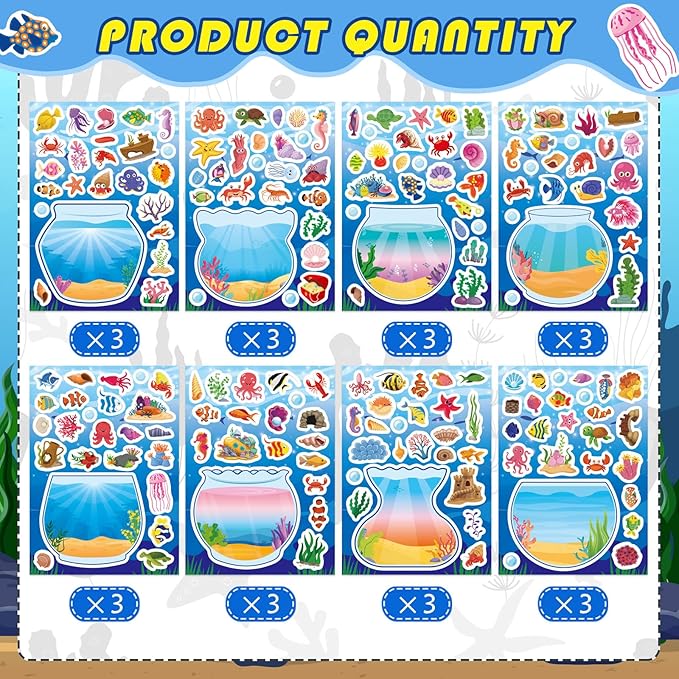 24 pcs ocean animal stickers, make a face sticker sheets for kids, make your own sea animal fish tank scene for kids summer party favors activities
