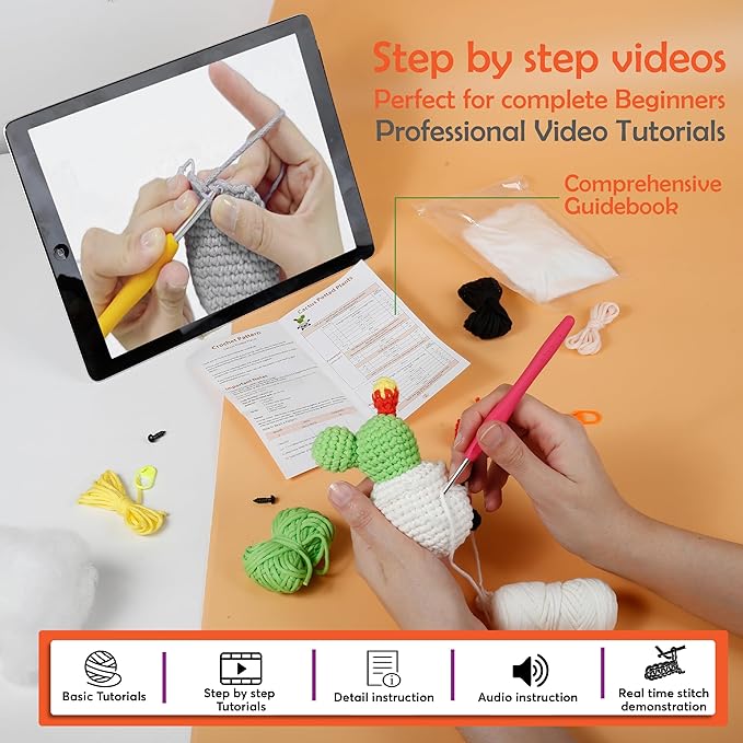 A-URA Learn to Crochet Kit for Beginners Kids and Adults, Premium Pattern Panda Cactus Beginner Crochet Kits with Easy Tube Yarn & Step-by-Step Video Tutorials