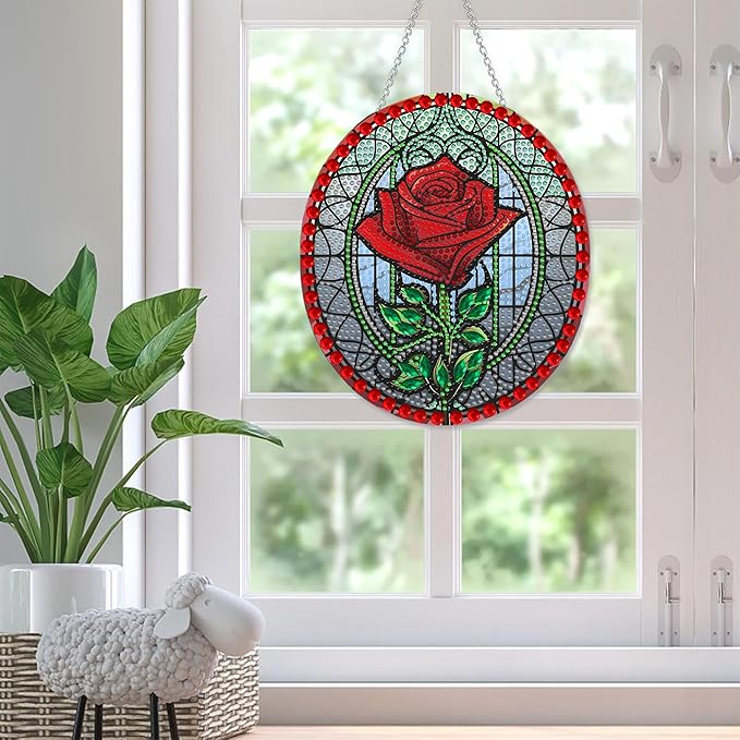 SKRYUIE Rose Hanging Diamond Art Kits for Adults Pendant Suncatcher, Special Shaped Crystal DIY Pearl Diamond Painting Kit, Gift for Mother Spring Summer Window Wreath Decor 7.95 x 7.01 Inch A8