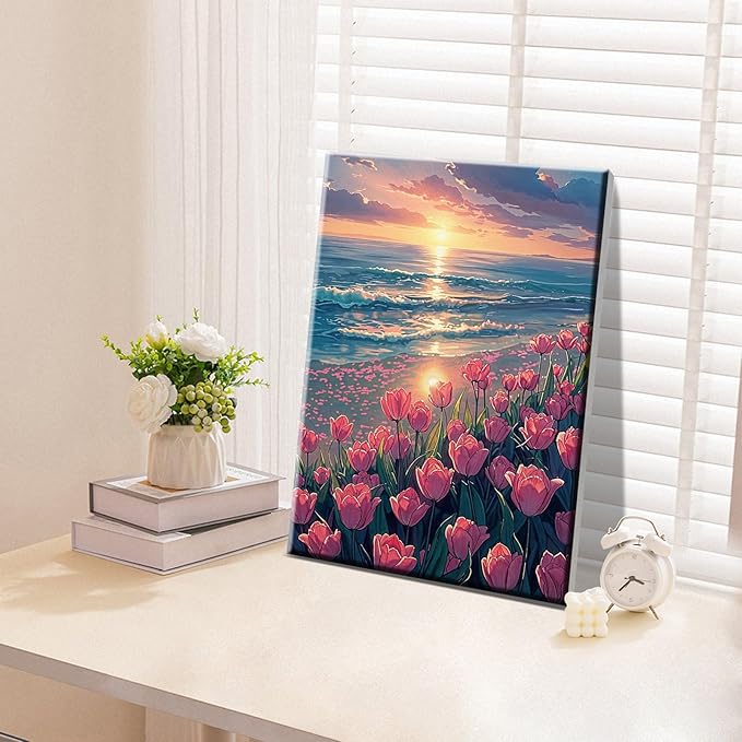 ATDMS Paint by Numbers Kit for Adults with Easel DIY Tulips Adult Paint by Number Kits on Canvas Framed Oil Painting Kits for Wall Hanging Home Room Decor 7.87x11.81 Inch