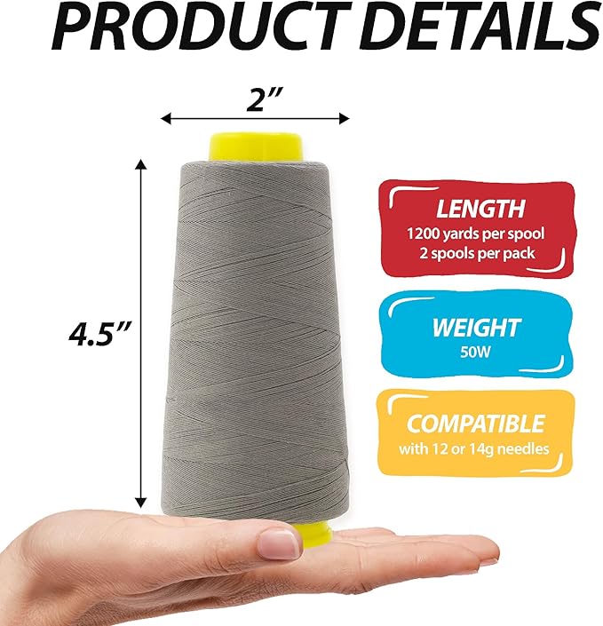 Mandala Crafts Gray Thread Cones for Machine and Hand Quilting - 2400 Yds 50 WT Multiple Purpose Mercerized 100% Cotton Threads for Sewing Machine Serger Embroidery