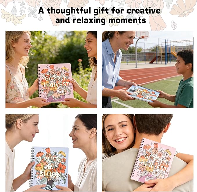 Adult Coloring Book for Women, 2-Pack Fruit and Vegetable Designs, Stress Relief Coloring Books for Adults, 8.5 x 7 Inch Relaxing Art Activity for Mindful Coloring