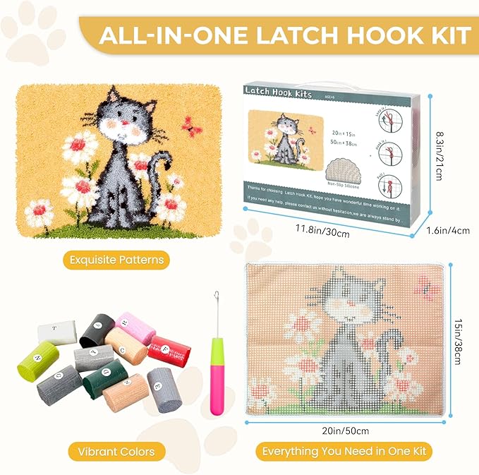 EsLuker.ly Latch Hook Rug Kit DIY Crochet Carpet for Beginners, Cats Patterns Pre-Printed Canvas Yarn Rug Hooking Kits, Creative Craft Home Decor Ideal for Learning Rug Making, Yellow