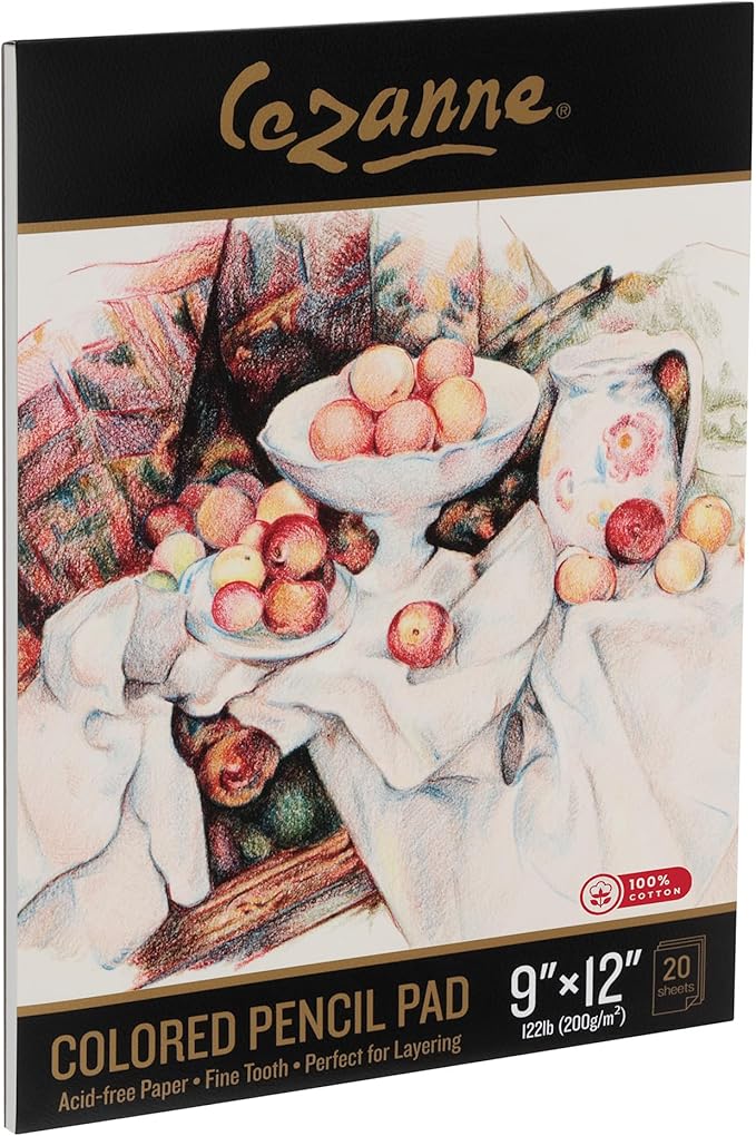 Cezanne 100% Cotton Colored Pencil Sketch Pad - 9x12, 20 Sheets, 122 lb. Fine-Tooth Paper, Art Supplies for Drawing Accessories, Supports Multiple Layers, Ideal for Graphite and Charcoal