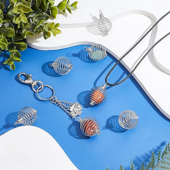 PH PandaHall 15 Pcs Stainless Steel Wrap-Around Spiral Round Bead Cages Pendant Charm 32x19mm for Jewelry Making