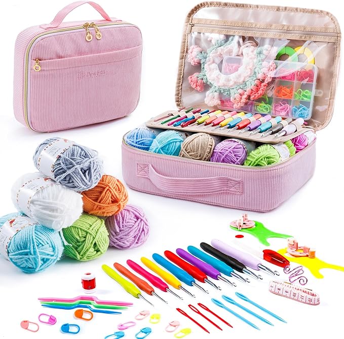 MYBAGZING Crochet Kit for Beginners with Yarn Storage Bag, 10pcs Crochet Hooks 2.0-6.0 mm, 10 Skeins Yarn for Crocheting, Knitting Accessories, 58pc Crochet Starter Kit for Adults
