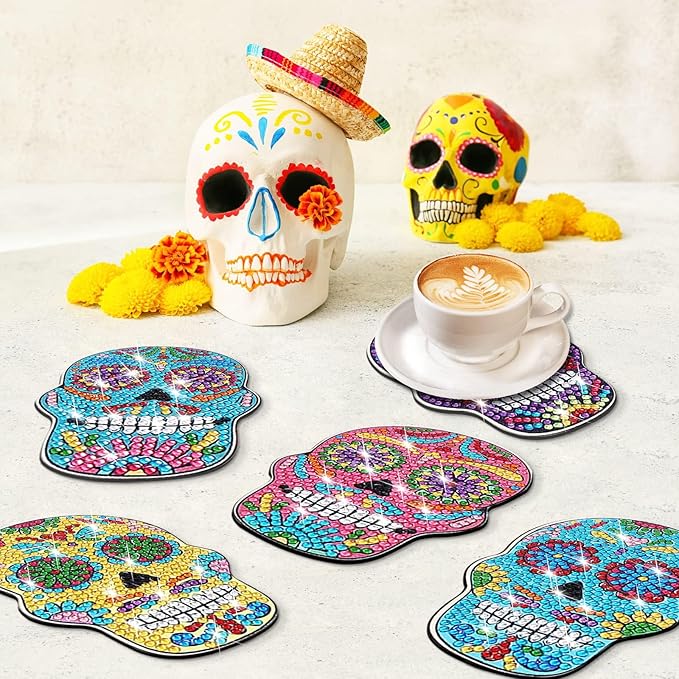 10 Pcs Halloween Skull Shaped Diamond Painting Coasters Kits DIY Skull Diamond Painting Coasters with Holder Skull Diamond Painting Coasters for Beginners Adults and Kids Art Craft Supplies Gift