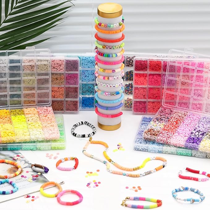 XSEINO 37300+ Pcs Clay Beads Bracelet Making Kit,8 Boxes 180 Colors Friendship Charms Kit Flat Polymer Heishi Beads with Rich Jewelry Making Accessories for Crafts Christmas Gifts