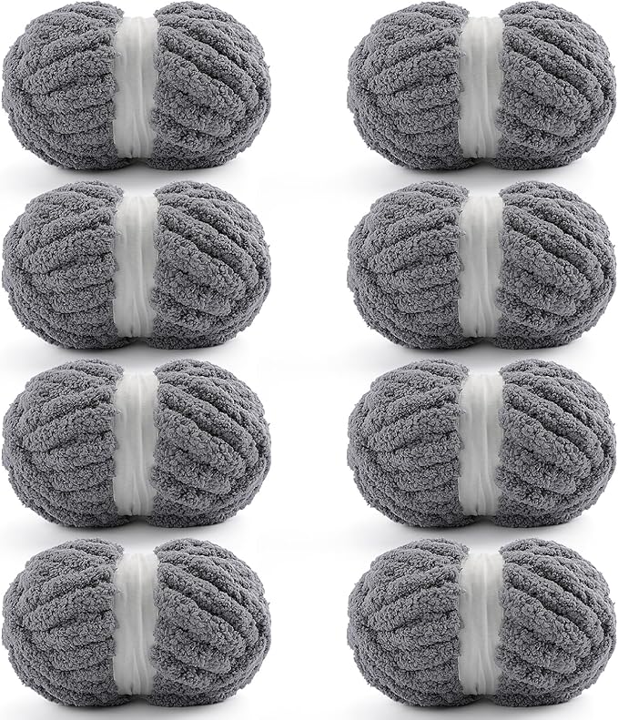8 Pack Chunky Yarn for Crocheting, Blanket Thick Chenille for Hand Knitting, Soft Chunky for Crochet - 28 Yds 7.7 Oz Each Skein (Dark Gray)
